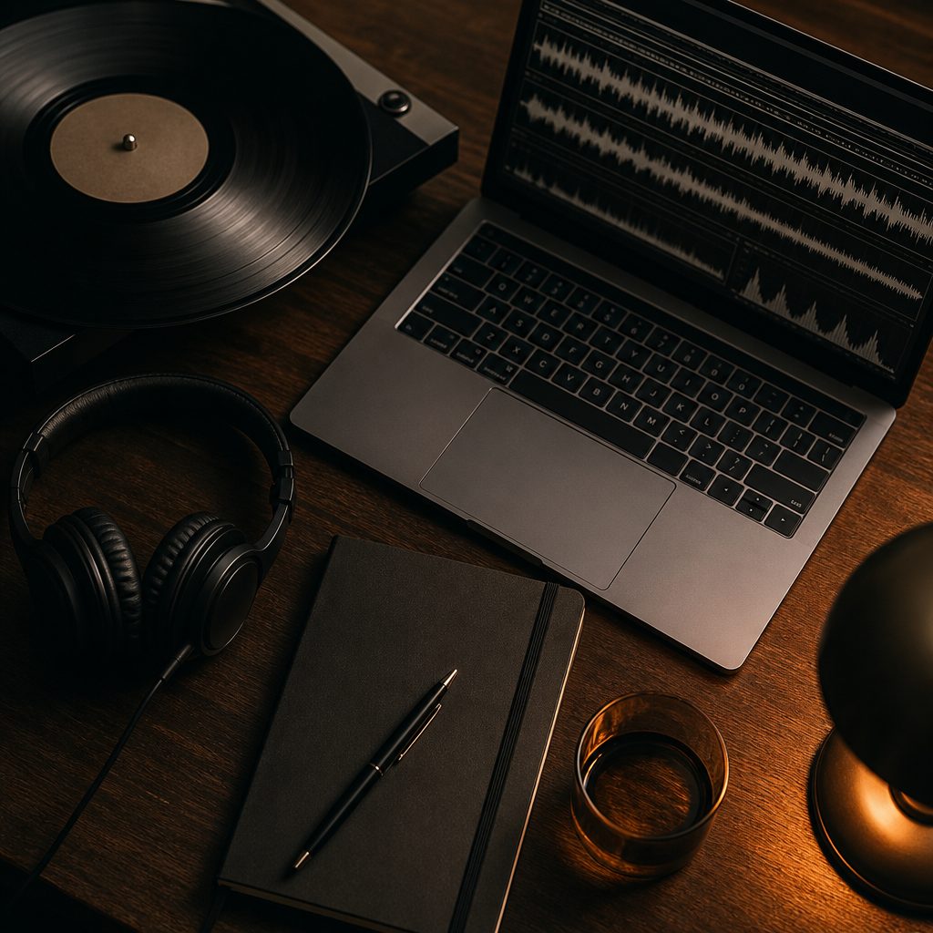 Vinyl, headphone, dan laptop menampilkan waveform di meja kerja