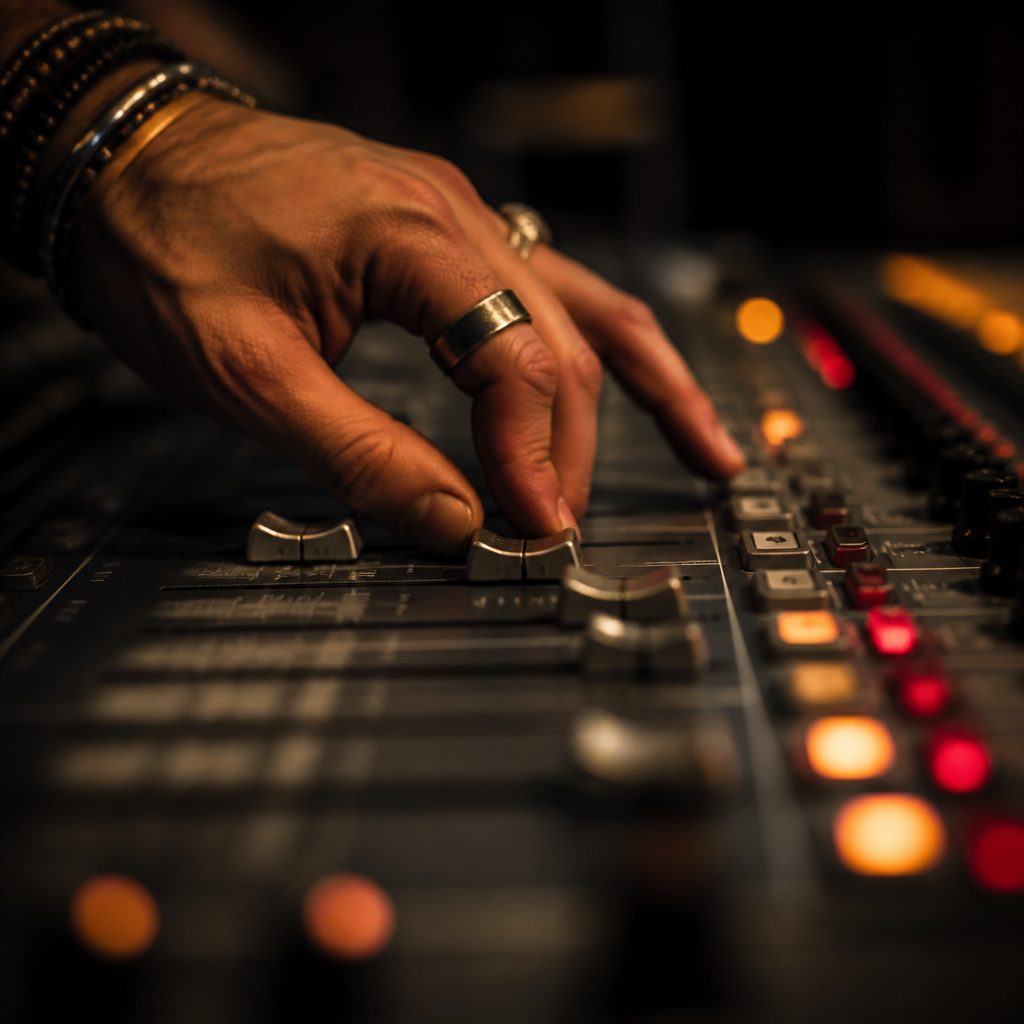 Produser musik bekerja di studio dengan konsentrasi